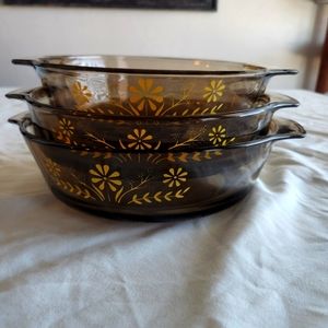 Vintage 70s Floral Butterfly Amber Glass Baking Dishes Set Of 3
